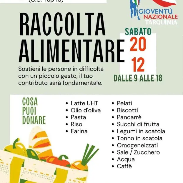 Gioventù nazionale Tarquinia organizza per sabato 20 dicembre una raccolta alimentare per le famiglie in difficoltà