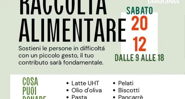Gioventù nazionale Tarquinia organizza per sabato 20 dicembre una raccolta alimentare per le famiglie in difficoltà