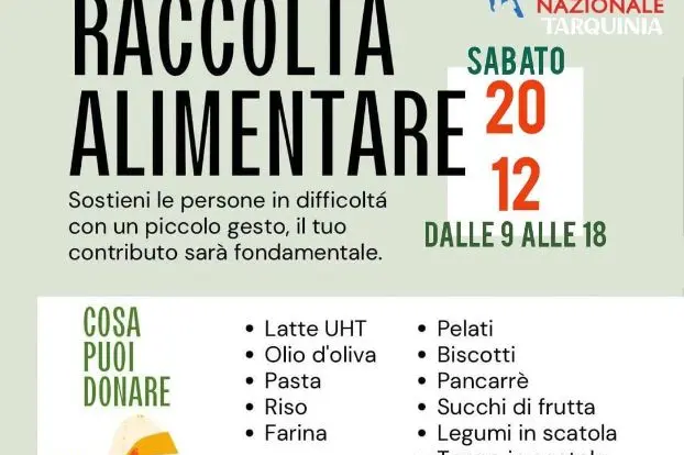 Gioventù nazionale Tarquinia organizza per sabato 20 dicembre una raccolta alimentare per le famiglie in difficoltà