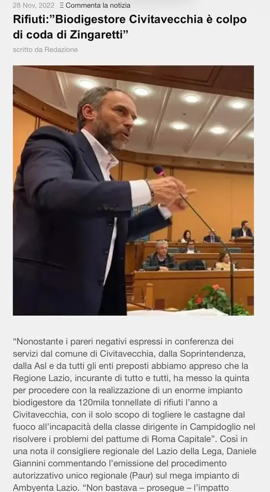 Biodigestore a Civitavecchia, Giammusso: «Inascoltato il grido di allarme di Daniele Giannini»