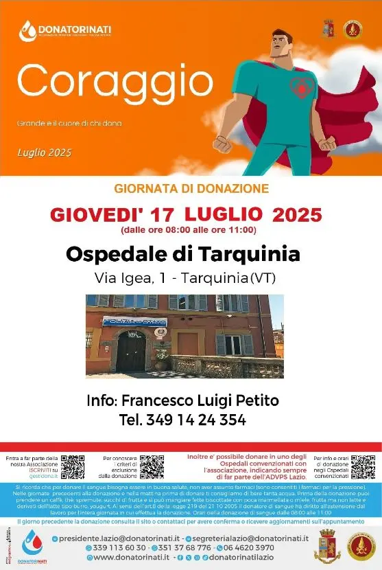 Il 17 luglio a Tarquinia nuova raccolta di sangue con l’Advps Lazio