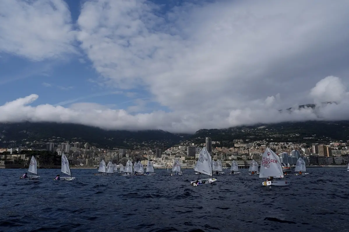 IMAGE DISTRIBUTED FOR YACHT CLUB DE MONACO - The Optimist European team racing championship during Day 1 on Wednesday, October 16, 2024, in Monaco. The Optimist European Team Racing Championship officially began with the 64 racers, divided in 16 teams, going to the sea. In the Monegasque waters, just outside the Yacht Club de Monaco, the first day lived up to expectations with 65 races completed in a few hours on the water. (Photo by Gian Mattia D\\'Alberto/LaPresse via AP Images) Associated Press/LaPresse , AP