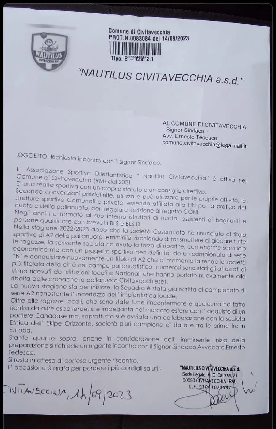 La lettera della societ\\u00E0 inviata al Comune di Civitavecchia