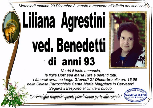 LILIANA AGRESTINI Ved. BENEDETTI Di Anni 93