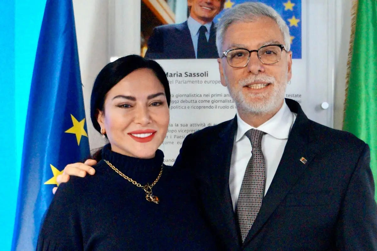 L’ideatrice del progetto ?Women in love? contro le mutilazioni genitali femminili Benedetta Paravia e il presidente della Commissione Cultura alla Camera dei Deputati, Federico Mollicone, durante l’evento presso la sala “Europe experience/David Sassoli?, in piazza Venezia a Roma.